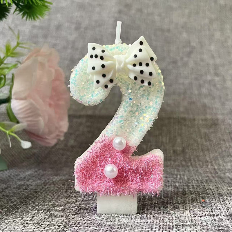 クリエイティブピンクパールリボンデジタルキャンドル誕生日キャンドルケーキ雰囲気誕生日装飾キャンドルプラグイン|undefined