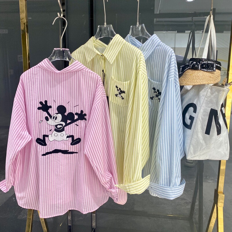 New Cartoon Mickey Embroidered Striped Loose Shirt Women's Long Sleeve