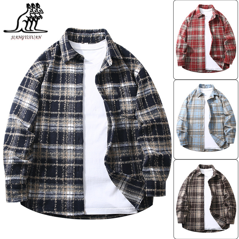 Woolen Men's Plaid Shirt Spring and Autumn Retro Loose Casual Plaid Shirt New American Trendy Long-Sleeved Top