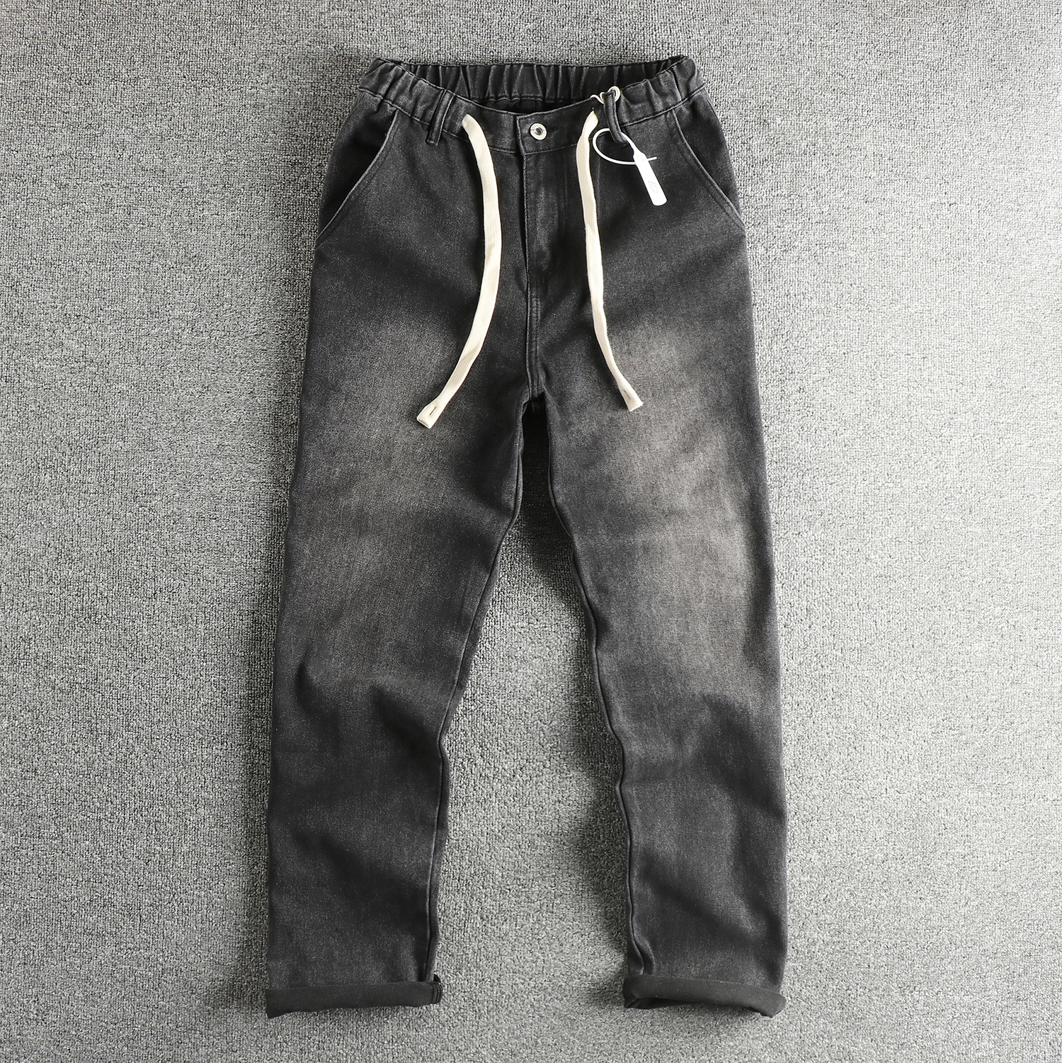 Men's Elastic Waistband Straight Leg Jeans Washed Distressed Black Grey Loose Fitting American Style Trousers_voghion.com