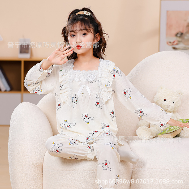Pijama de niñas primavera y otoño dibujos animados tela espuma de tela delgada manga larga lindo ropa para niños de tamaño medio y grande ropa para el hogar