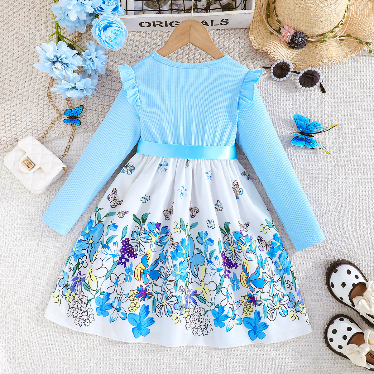 Abito floreale bianco a maniche lunghe blu dolce alla moda INS 2024_voghion.com