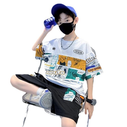 Children's Summer Outfit for Boys - Oversized Han Style Stylish Casual Loose Letter Fashion Two-Piece Set