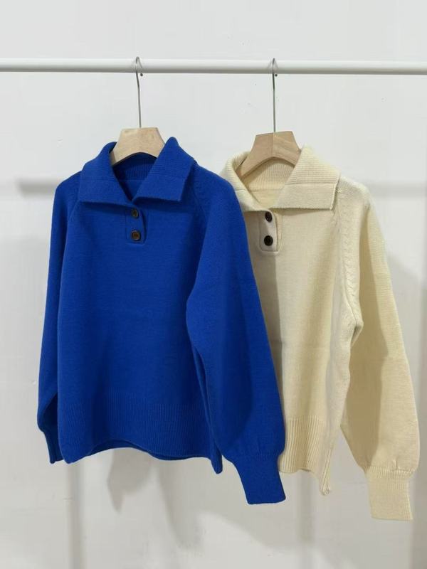 跨境外贸新款纯色polo领简约宽松休闲套头毛衣女基础款针织套衫|undefined