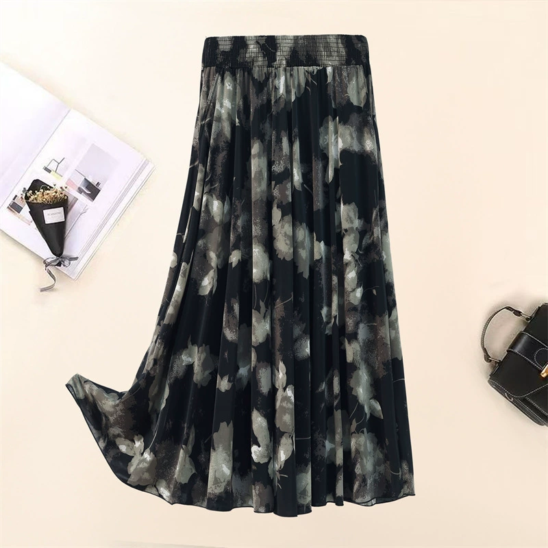 Летняя юбка для женщин среднего и пожилого возраста, одежда для мам, эластичная талия, длинная юбка из ледяного шелка, брюки с эластичным карманом и высокой талией, юбка 83 см