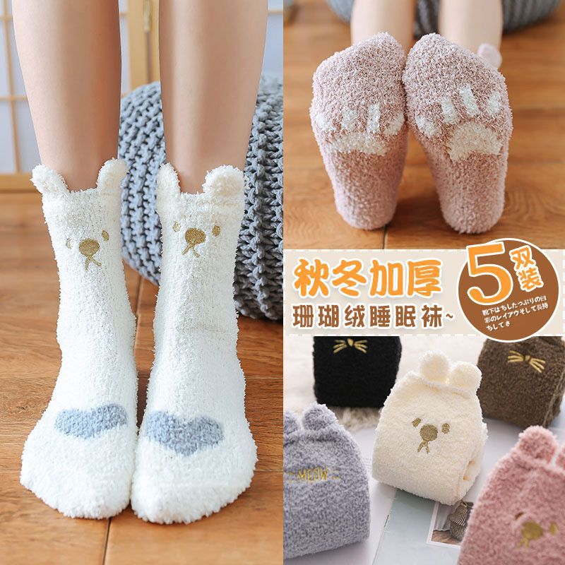 Winter Coral Velvet Socks for Women in Autumn and Winter Thickeneded Velvet Mid-Calf Socks Cute Warm Confinement Floor Sleeping Socks
