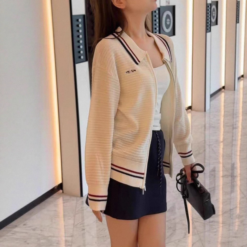 8206谬系老钱开衫秋冬季POLO领撞色拉链字母刺绣中长款针织外套女|undefined