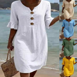 2026欧美跨境独立站亚马逊夏季新款女士纯色休闲舒适棉质连衣裙
