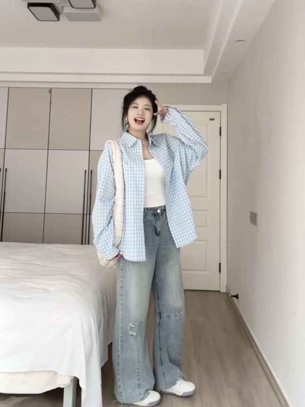韩系复古简约蓝色格子衬衫外套女早春季慵懒风百搭休闲长袖衬衣潮|undefined