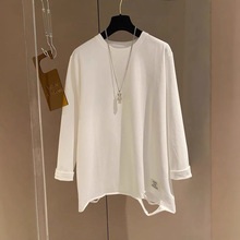 韩系chic宽松破洞长袖t恤女秋冬新款宽松bf慵懒风设计打底衫上衣