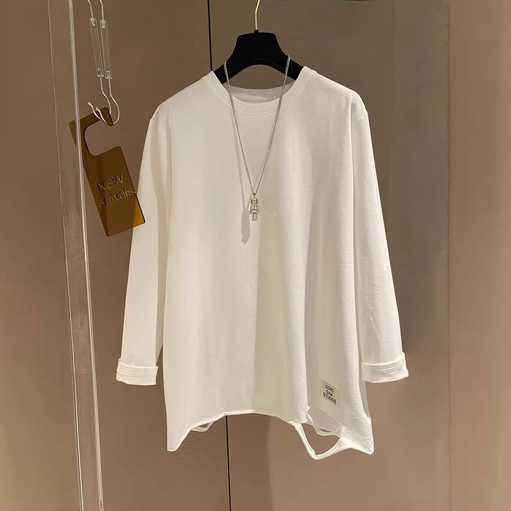 韩系chic宽松破洞长袖t恤女秋冬新款宽松bf慵懒风设计打底衫上衣