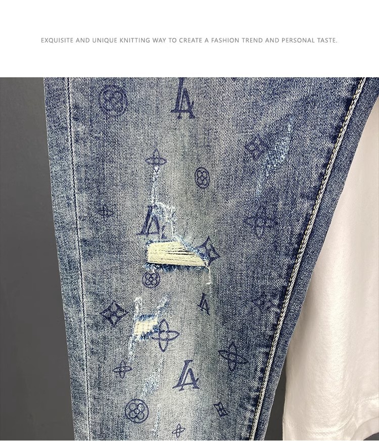 Slim Fit Printed Cropped Jeans For Men Distressed Patched Design_voghion.com