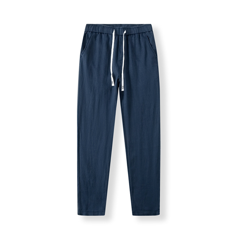 Pure Linen Breathable Chinese Style New Gray Blue Long Summer Thin Simple Casual Men's Pants White_viptrois.com
