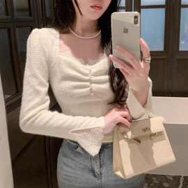 小香风喇叭袖方领上衣女秋冬蕾丝边毛绒加厚打底衫内搭毛衣女