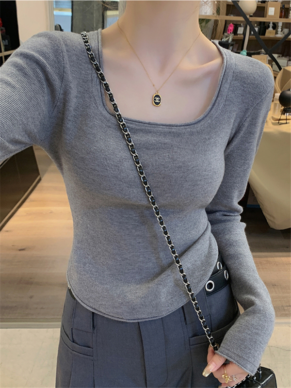 秋季灰色内搭打底衫女生设计感小众修身显瘦辣妹方领针织衫上衣|undefined