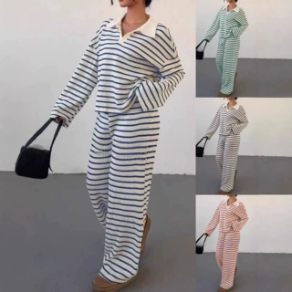 欧美跨境外贸女装亚马逊独立站新款时尚条纹撞色休闲长袖长裤套装