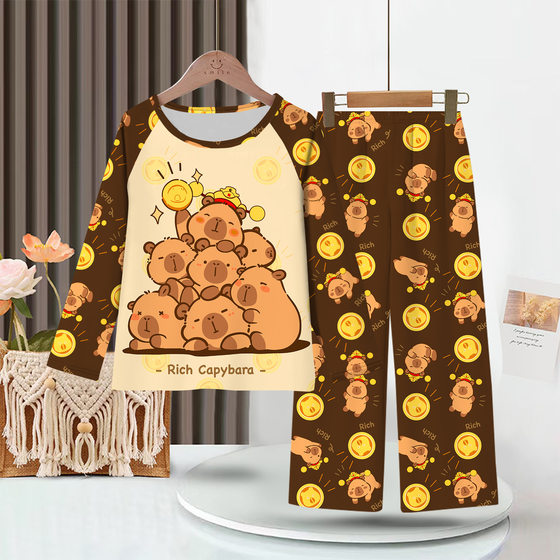 Kapibala Children's Pajamas Boys Middle and Big Children Women's Long Sleeve Trousers Girls Cartoon Capybara Home Clothes suit