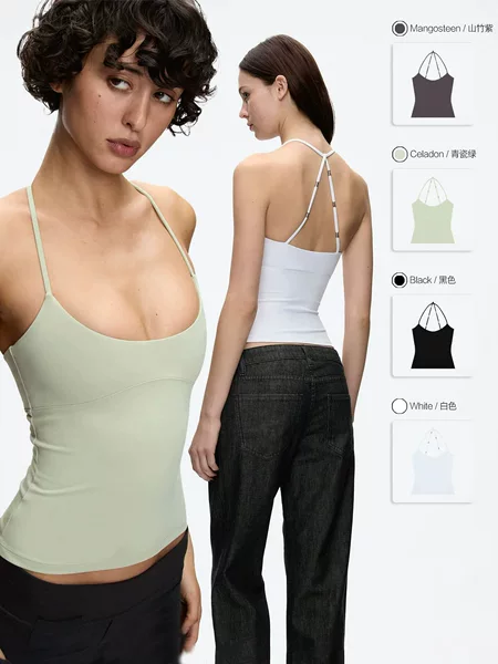 In-Stock American-Style Spicy Girl Cross-Back Halter Neck Tank Top with Tailored Waist, Beaded Spaghetti Strap Top for Women