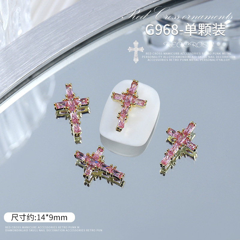 Red Cruz Roja marco joyería de uñas vintage punk metal personalidad aleación diamante incrustado cráneo decoración de uñas