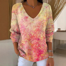 2025跨境外贸亚马逊独立站夏季新款骷髅头花朵印花女士V领长袖T恤