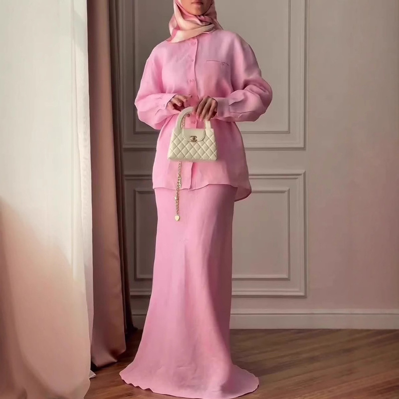 Amazon European and American Cross-Border 2025 Summer New Soft and Elegant Long-Sleeved Long Skirt Simple Suit Dress for Women