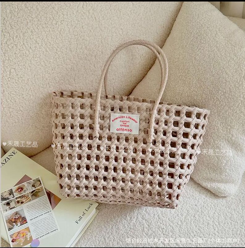 Hollow-Out Macaron-Colored Woven Tote Basket, Custom Wholesale, Vacation Style Casual Beach Handbag, Gift Bag