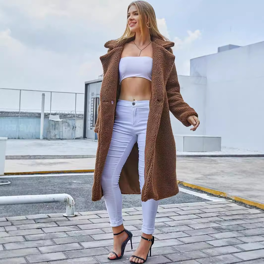 Ropa de mujer Abrigo de piel largo de terciopelo de doble cara de color sólido de manga larga con solapa nueva de otoño e invierno para mujer_voghion.com
