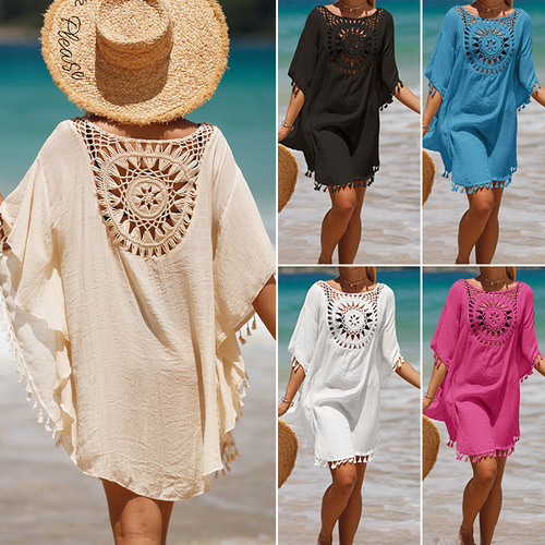 亚马逊欧美跨境度假手钩纯色拼接沙滩裙流苏防晒短款性感沙滩罩衫