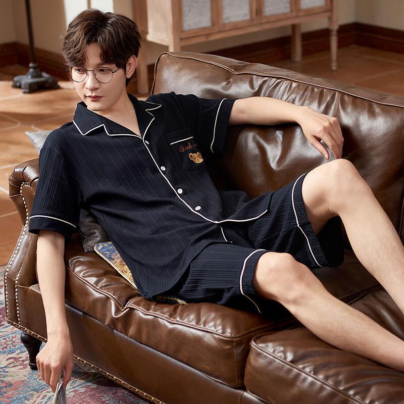 Pijamas de hombre verano 100% algodón de manga corta pijamas delgados cardigan de los hombres juventud Primavera y otoño traje de desgaste para el hogar