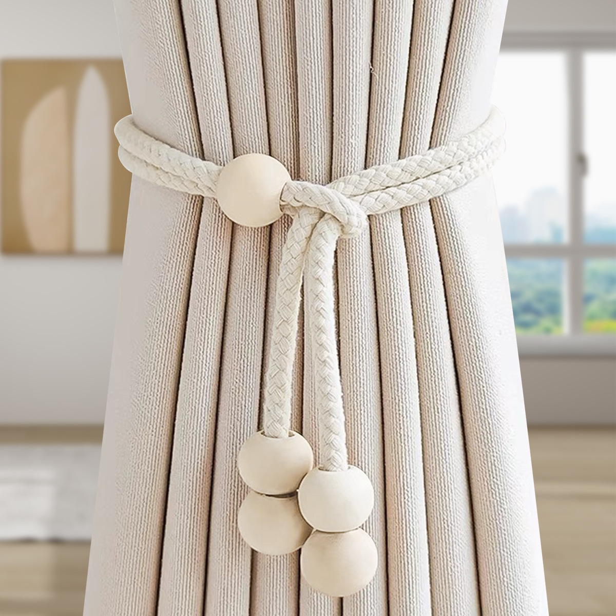 Nuevo estilo transfronterizo de cuerda de algodón, cuentas de madera, correas de cortina, sin perforación, accesorios de decoración de cortina universal móvil, cuerda de amarre al por mayor