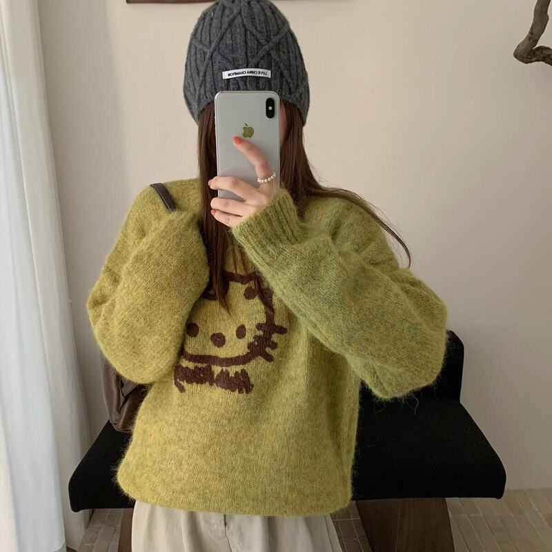 Sheep Wool Kt Cat Lazy and Relaxed Oversized Knit Sweater Korean Style Cute and Fun Hello Kitty Cute Sweater for Women Sheep Wool Kt Cat Lazy and Relaxed Oversized Knit Sweater Korean Style Cute and Fun Hello Kitty Cute Sweater for Women