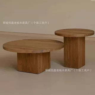 老榆木圆桌家用客厅小型茶几原木餐桌酒店民宿圆形边几茶桌