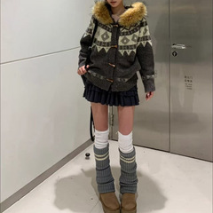 【大版】秋冬季加厚撞色费尔岛提花可拆卸毛领针织衫设计感毛衣外