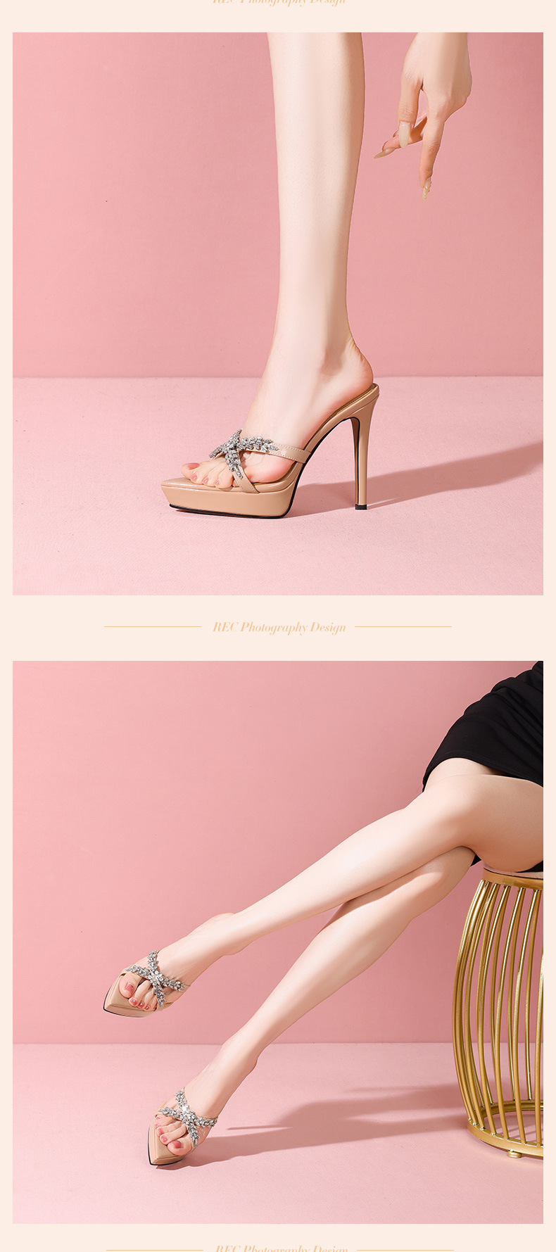 Sandal cao gót nữ mũi nhọn hở ngón đính đá rhinestone, gót 10 cm, đế platform — Màu nude 10cm chi tiết 8