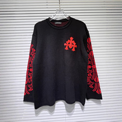 高品质外贸跨境25ss  CH 秋冬新款红色贴皮纯棉针织圆领毛衣现货