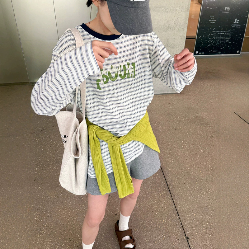 Leino Summer Sun-Protective Striped Long-Sleeve T-Shirt for Women 2026 New Korean Style Letter Print Casual Loose Top