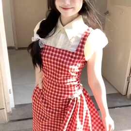 学院红色格子假两件连衣裙夏季新款小个子2025显瘦甜美短裙衬衫女