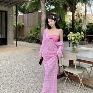New Fashionable Knitted Long Cover-Up Three-Dimensional Flower Split Sexy Bandeau Bikini Lace-Up Island Vacation Swimsuit