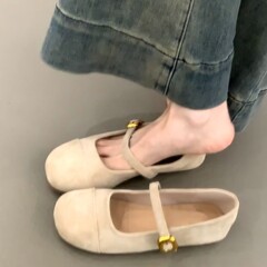 软皮版~复古方头平底玛丽珍鞋女法式温柔一字扣晚晚芭蕾单鞋子