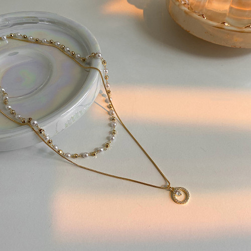 Cool Wind Double Pearl Ring Pendant Necklace for Women, Lockchain, Summer Korean Style Fashion Simple Accessory, Elegant Choker