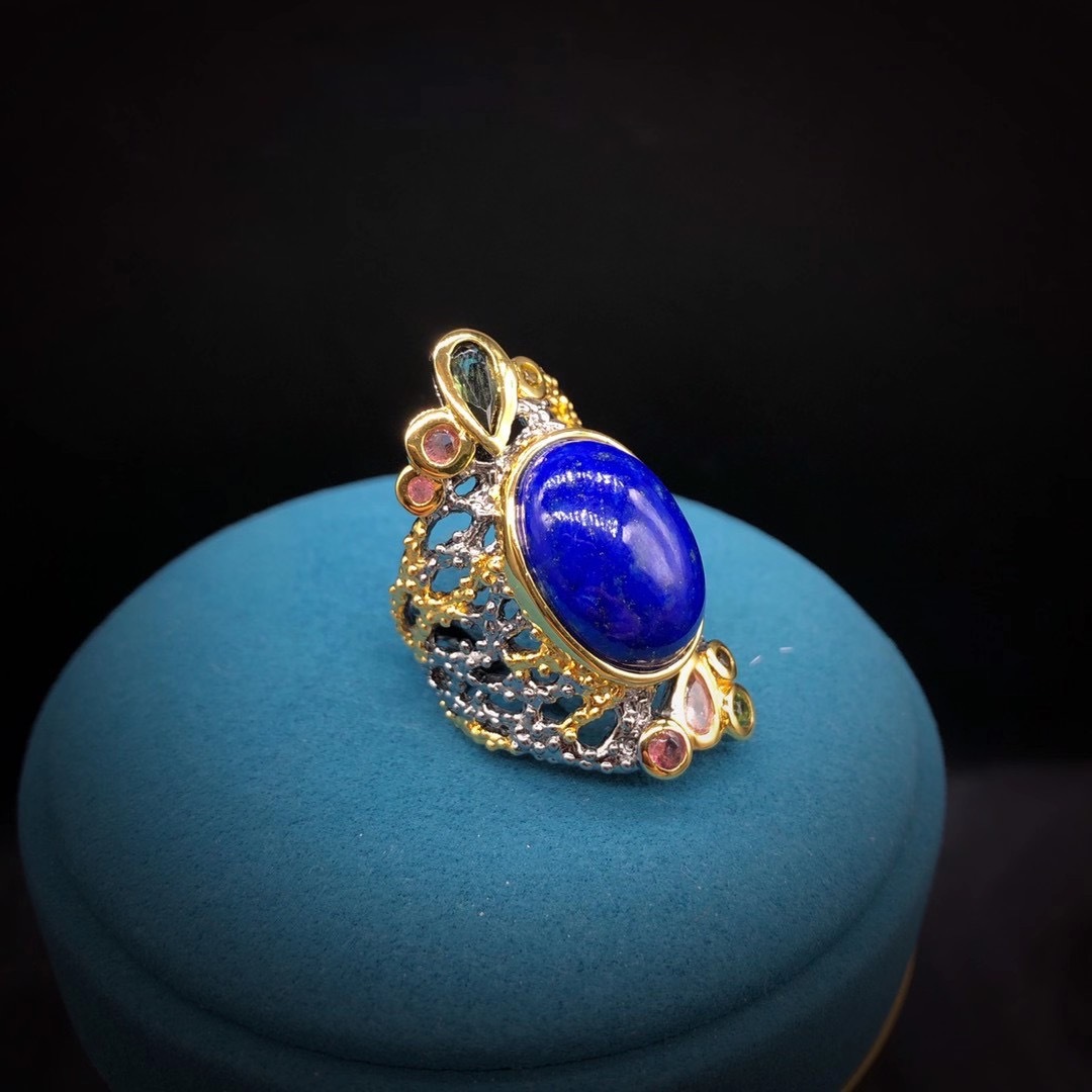 天然青金石戒指吊坠套装 意大利手工艺宝石镶嵌宝娲珠宝原创设计