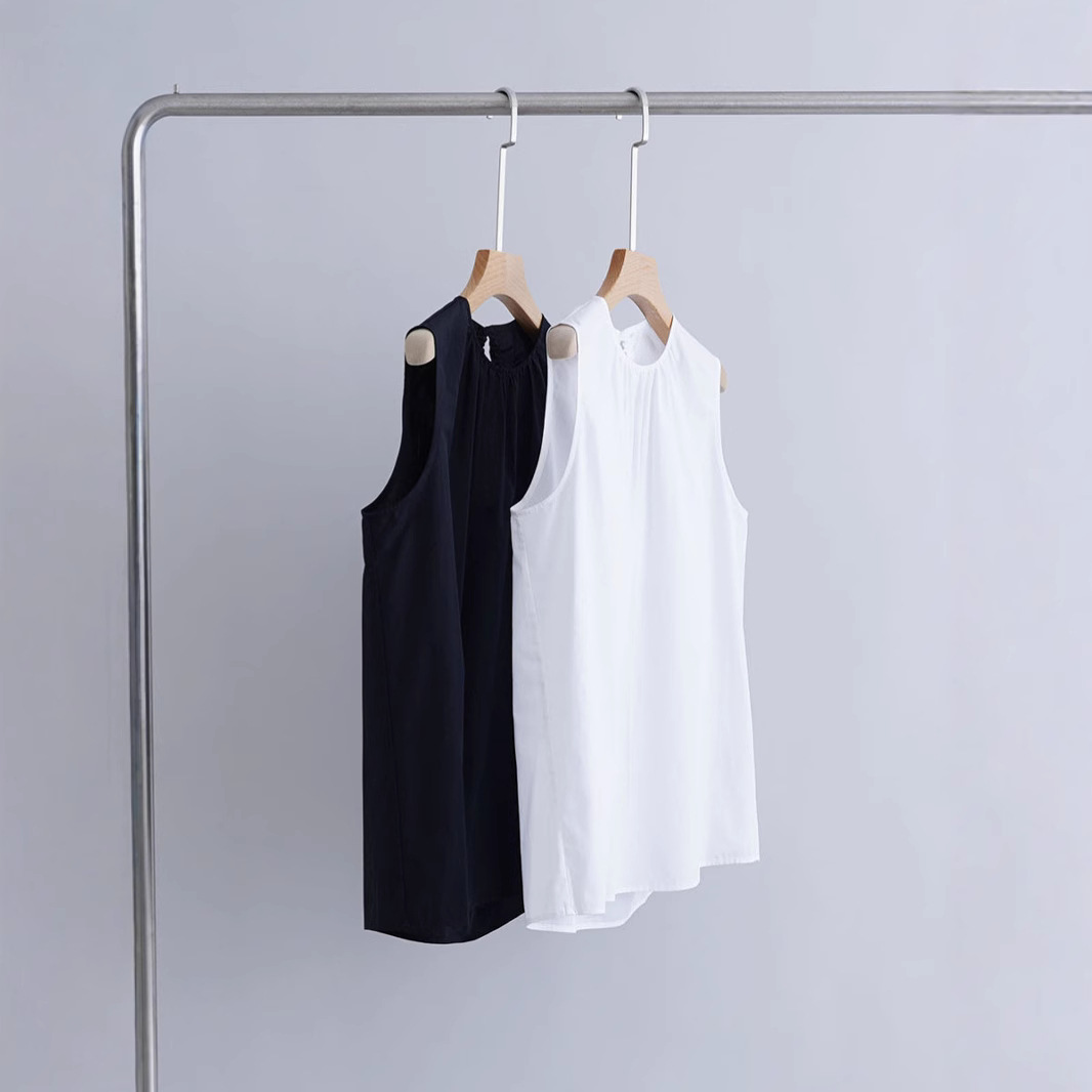 Tencel cotton and linen light hollow pleated design round neck vest…