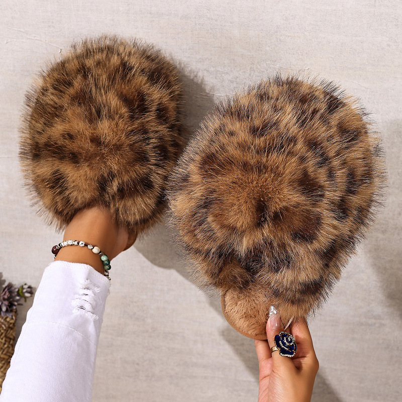 Cross-Border Amazon New Leopard Print Long-Haired Closed-Toe Warm Cotton Slippers for Women, Foreign Trade Fluffy Large Size Fur Slippers in Stock