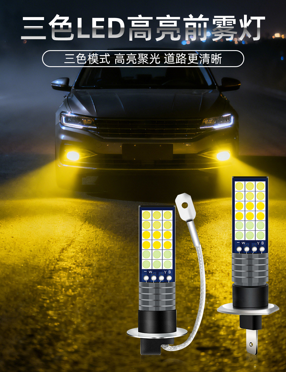 Cross-Border Automotive Led Fog Lights, Headlights, High-Brightness White, Yellow, Ice Blue Three-Color 36 Lights 3030 H1 H3 Modified Fog Lights