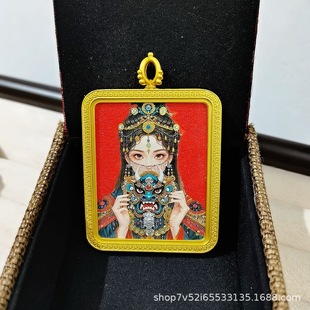 Gold-Painted Cinnabar Thangka Zaka Ram Pendant Buddha Amulet Necklace with Double-Sided Design and Includes a Rope