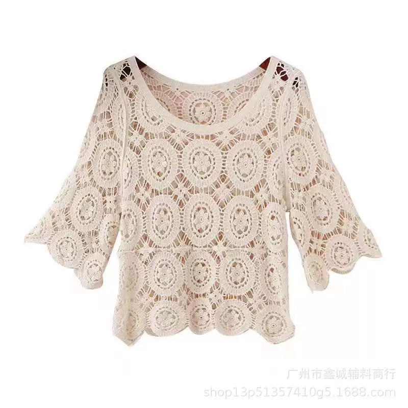Hollow lace women's short top, French square collar, lightweight sunscreen shirt, one size