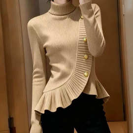 卡其色毛衣女秋时髦洋气小众设计感巨好看掐腰荷叶边针织上衣