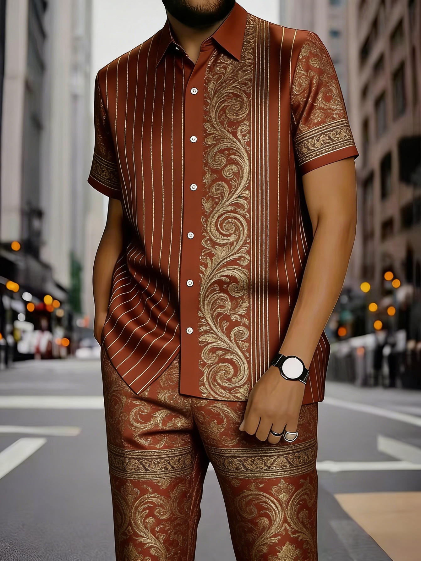 Men's Clothing Men's Commuter Style Short Sleeve Shirt And Shorts Set Collared Geometric Print Spring Summer_viptrois.com