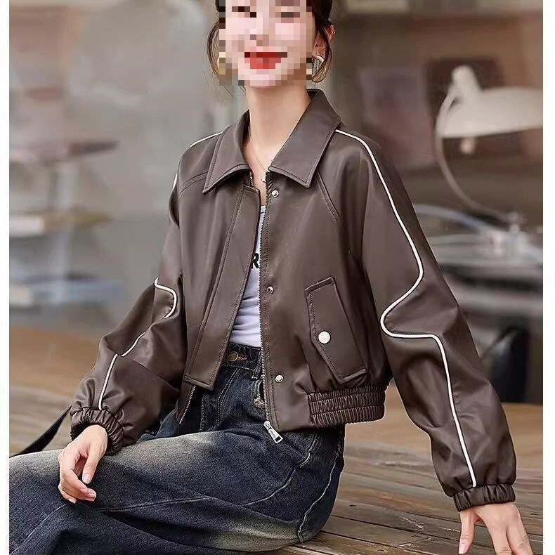 American Style Leather Jacket Women's Short Spring and Autumn New Loose Fashion Versatile Motorcycle Leather Jacket Western Style