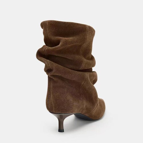 Autumn New Arrival Women's Shoes, Faux Suede Crepe Pointed-toe Cat Heel Short Blocky Brown Pointed-toe Crepe Short